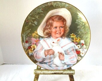 Vintage Collector Plate Childhood Almanac Collector Girl w/ Bonnet Bunny Flowers Hamilton Collection Sweet Gender Reveal Party Keepsake