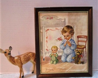 Vintage Framed Nursery Print: Bedtime Prayers, Child & Toys