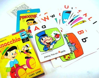 Vintage Pinocchio Card Game, Walt Disney Productions, Educational EduCards, Jimminy Cricket, Ephemera Supply, Game, DYI Gift Tags, Banner