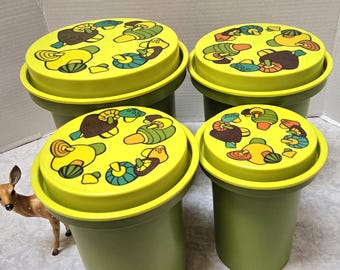 VintageCanister Set of 4  Rubbermaid Plastic w/ 1970’s avocado green containers and Funky Mushroom Design lids, Nesting