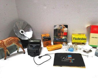 Large Lot of Vintage Camera Flash Accessories, Includes original boxes w/ flashbulbs, Vivitar Flash, Zeiss Ikon, Misc Items,  Display Prop