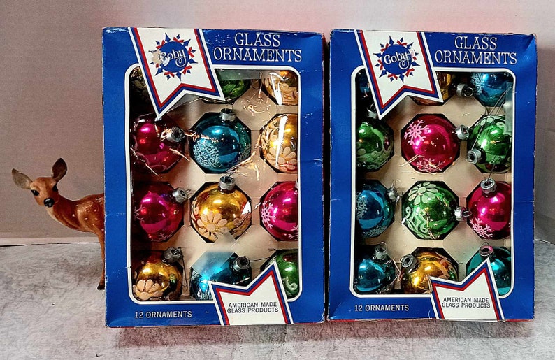 CHOICE BOX of 9 Vintage Coby Ornaments w/ Stencil Glitter, Christmas Tree Retro Decor, USA Made, Grandma's Attic Treasures, Butterfly, Grape image 10