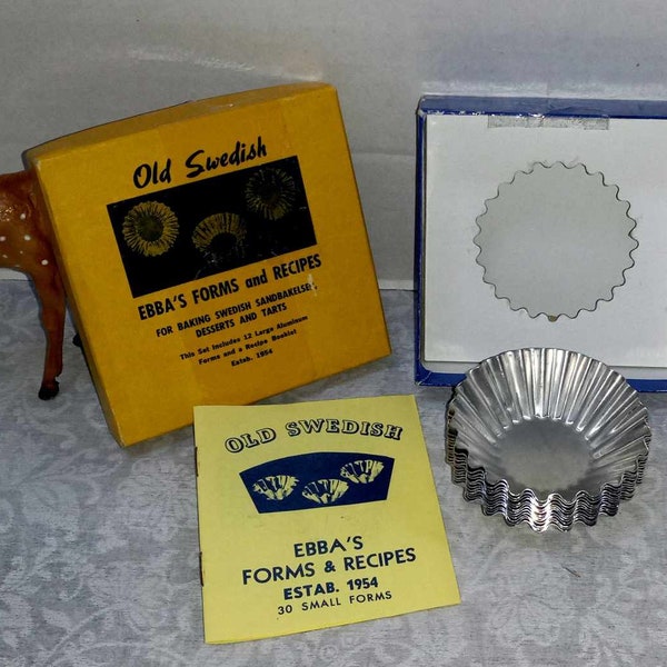 Vintage Old Swedish Sandbakkel Tart Complete Set w/ Recipe Book, 12 Metal Molds in Original Box, Fluted Aluminum Baking Pans, Ethnic Dessert