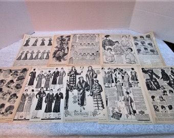 LOT 10 VINTAGE Catalog Pages, Fashions for Men Women Children, Hats, Collars, Furs Pocket Watches Ads, Craft Supply Scrapbook Paper Collage