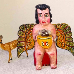 Grand ange sculpté d'art populaire mexicain, sculpture sur bois faite à la main, art religieux de Guerrero, pays rustique naturel traditionnel catholique chic chic image 1