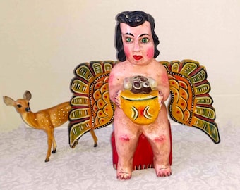 Large Mexican Folk Art Carved Angel, Handmade Wood Carving, Guerrero Religious Art, Catholic Chippy Chic Traditional Natural Rustic Country