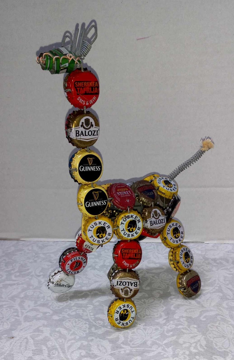 Vintage Beer Bottle Cap Giraffe, Handmade Kenya Folk Art, Primitive Upcycle, Funky Retro Colorful Guinnes Tusker Beer Man Cave image 5