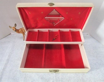 Large Deluxe Vintage Jewelry Box, Ecru, Hinged Lid, Red Satin w/ Gold Star Design, Key, Mirror, Anniversary, Dress Up Treasure, Presentation