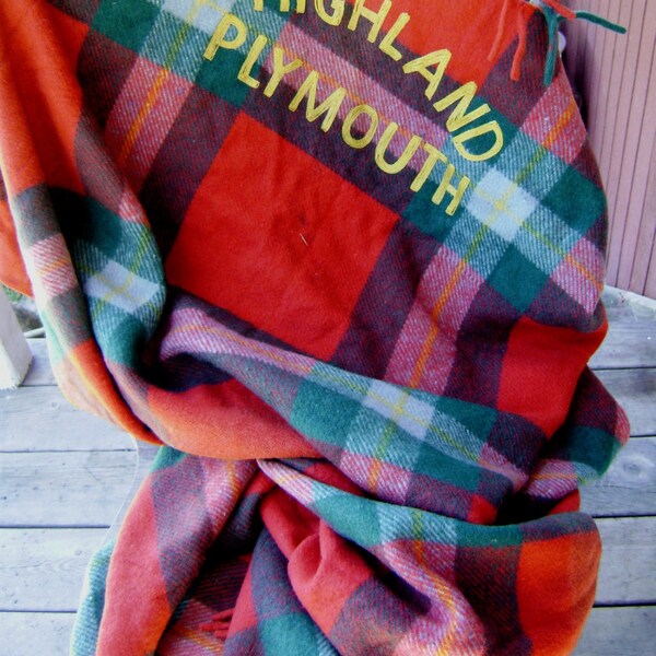 REDUCED Vintage Tartan Plaid Wool Stadium Blanket, Red Green Gold, Varsity w/ Highland Plymouth Letters Football Game Old School Embroidery