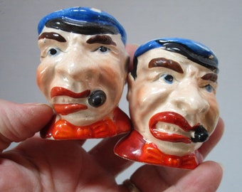 Vintage Grumpy Man with Cigar Salt And Pepper Shakers, Crabby Face Wearing Blue and White Plaid Hat, Japan, 1960s, Kitchen Cottage, Kitschy