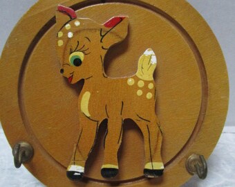 Handmade Vintage Folk Art Cute Little Deer Plaque with Cup Hooks, Key or Hotpad Holder, Youth Fair Scout Project Primitive Wood Cut Out