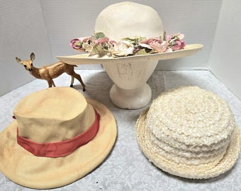 LOT of 3 Vintage Hats for Dress Up Tea Party, Period Costume Use, Floral Motif