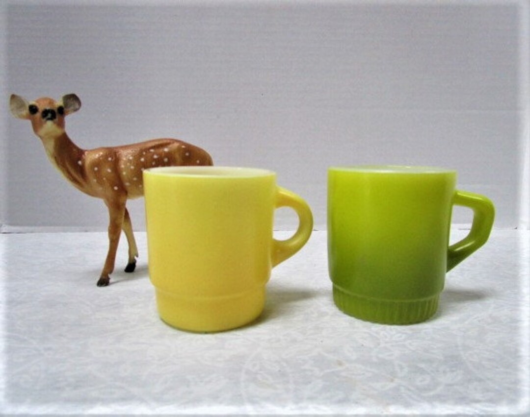 2 Vintage Fire King Cups / Mugs, Chartreuse Green & Yellow