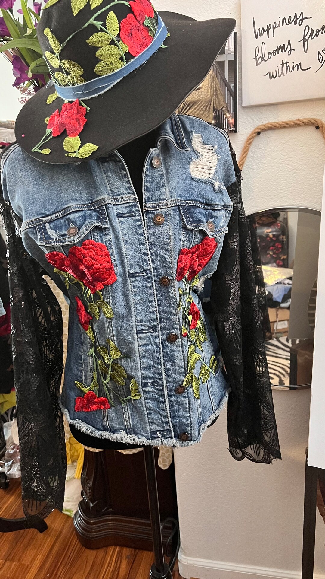 Jacket With Roses Blue Denim Jacket Styled With Roses - Etsy