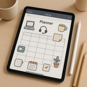 Peut inclure: Une tablette numérique affichant une interface de planificateur avec une grille et diverses icônes, notamment un ordinateur portable, un casque, une tasse de café, un post-it, un symbole d'appel vidéo, un calendrier, une case à cocher et une plante.