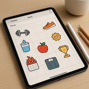 Peut inclure: Une tablette numérique affichant une interface de planificateur avec une grille d'autocollants colorés incluant un haltère gris, une basket orange, une coche jaune, un verre d'eau, une pomme rouge, un trophée doré, un calendrier avec flamme et une balance grise.