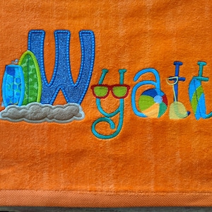 Personalized Beach Towel, Kid&#39;s Beach Towel, Surf Theme Beach Towel, Pool Party Towel, Surf Board Towel