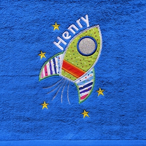 Rocket Custom Beach Towel, Rocket and Stars Towel, Custom Appliqued and Embroidered Beach Towel