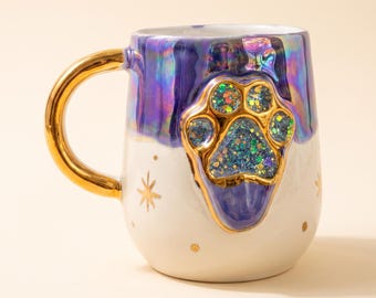 Paw Print Ceramic Mug, Purple Iridescent Coffee Cup with Gold Handle, Glitter Cat Dog