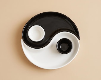 Yin Yang Serving Plate Set, Ceramic Snack Platter with Sauce Bowls, Black White Appetizer Dish