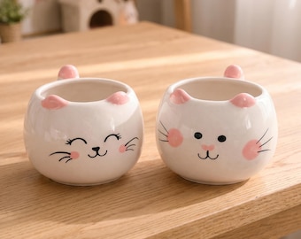Handmade Couples Cat Mug Set, Matching 3D Ceramic Coffee Cups
