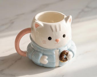 Handmade 3D Cat Mug in Puffer Jacket with Donut, Coffee Cup