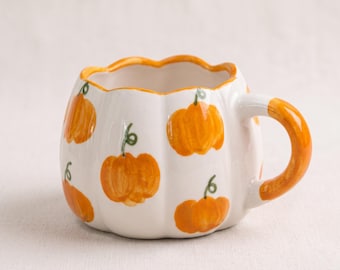 Pumpkin Ceramic Mug, Hand Painted Fall Coffee Cup, Wavy Rim Handmade Autumn Kitchen