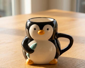 Handmade 3D Penguin Ceramic Mug with Fish, Animal Coffee Cup