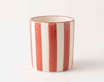 Red Striped Ceramic Cup, Handleless Coffee Tumbler, Hand Painted Candy Stripe Drinkware