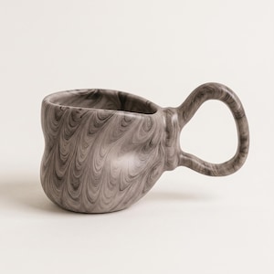 Marbled Ceramic Mug, Handmade Sculptural Ribbon Handle Cup, Black Swirl Espresso Pottery