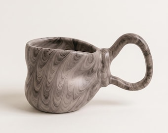 Marbled Ceramic Mug, Handmade Sculptural Ribbon Handle Cup, Black Swirl Espresso Pottery