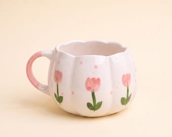 Pink Tulip Ceramic Mug, Hand Painted Floral Coffee Cup, Scalloped Rim Handmade Pottery