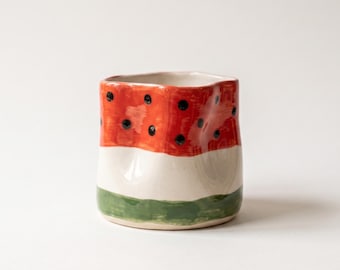 Watermelon Ceramic Mug, Hand Painted Fruit Coffee Cup, Amorphous Handmade Summer Kitchen Decor
