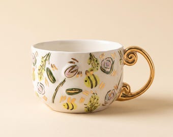 Bee Floral Ceramic Mug, Hand Painted Coffee Cup with Gold Handle, Spring Garden Design