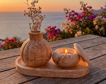 Orange Marble Decor Set Minimal Tray Vase and Candle Holder Gift