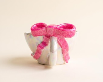 Pink Bow Ceramic Mug, Coquette Coffee Cup, Handmade Pearlescent Glitter Ribbon Design