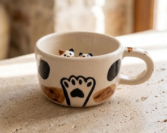 Handmade 3D Cat Mug with Figurine Inside, Peekaboo Ceramic Tea Cup