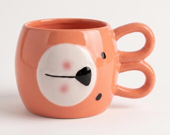 Animal Face Mug, 3D Ceramic Coffee Cup with Ear Handle, Orange Kawaii Kitchen