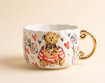 Teddy Bear Ceramic Mug, Handmade Coffee Cup with Gold Handle, Hand Painted Hearts
