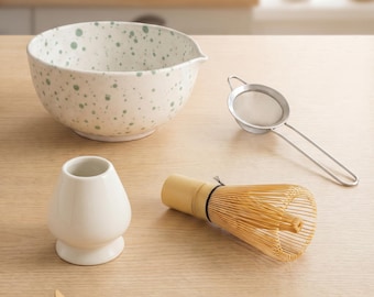 5 Piece Ceramic Matcha Kit with Spout, Bamboo Whisk and Sifter, Tea Ceremony Set