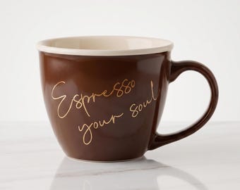Espresso Your Soul Mug, Brown Porcelain Coffee Cup, Gold Script Quote Lover Gift
