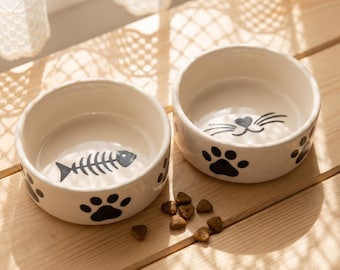 Paw Print Feeding Dish Set, Fishbone & Kitty Face Ceramic Petware, 400ml