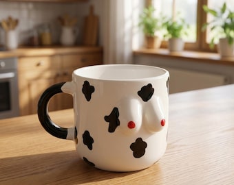 Funny 3D Sculpted Mug, Cow Print Ceramic Espresso Cup, Bachelorette Gift