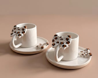 Leopard Bow Turkish Coffee Cup Set of 2, Espresso Cups with Saucers, Handmade Ceramic