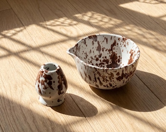 Speckled Matcha Bowl Set, Ceramic Chasen Holder, Japanese Tea Ceremony Gift