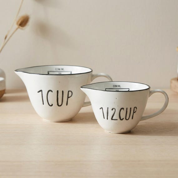 Ceramic Measuring Cup Set, 2 White Cups for Kitchen Prep