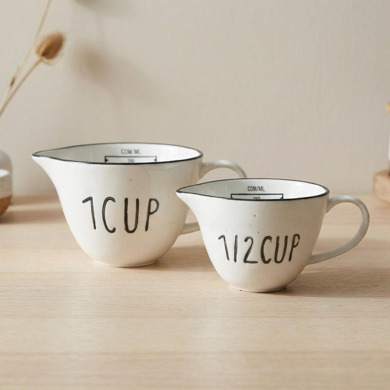 Ceramic Measuring Cup Set, 2 White Cups for Kitchen Prep image 1