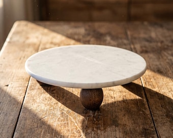 Round Marble Serving Stand with Wooden Legs Minimalist Dessert Display
