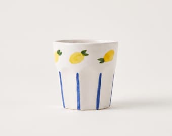 Lemon Ceramic Cup, Hand Painted Mediterranean Espresso Tumbler, Blue Striped Summer Drinkware