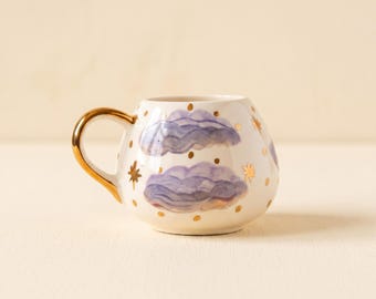 Cloud Ceramic Mug, Hand Painted Coffee Cup with Gold Stars, Celestial Sky Design